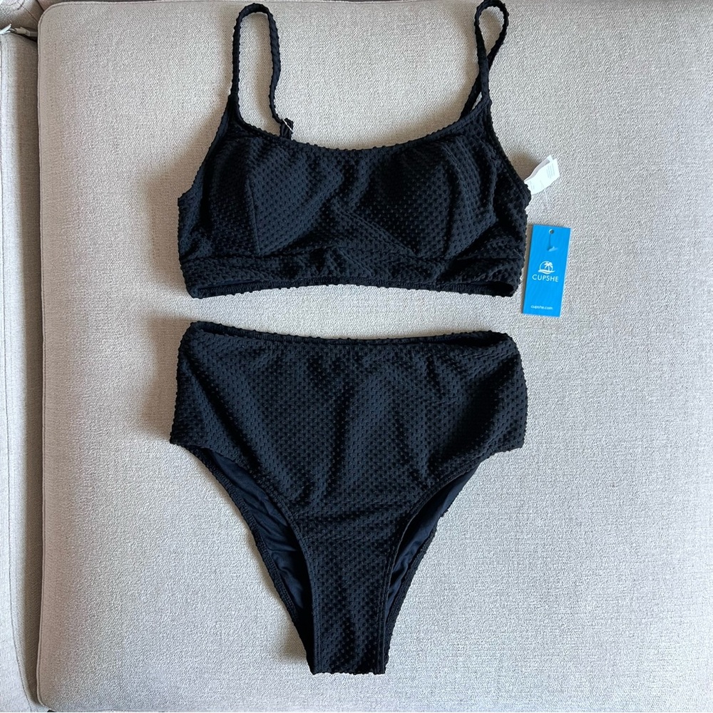 Cupshe Black Bikini Set Minimalist High-Waisted Style